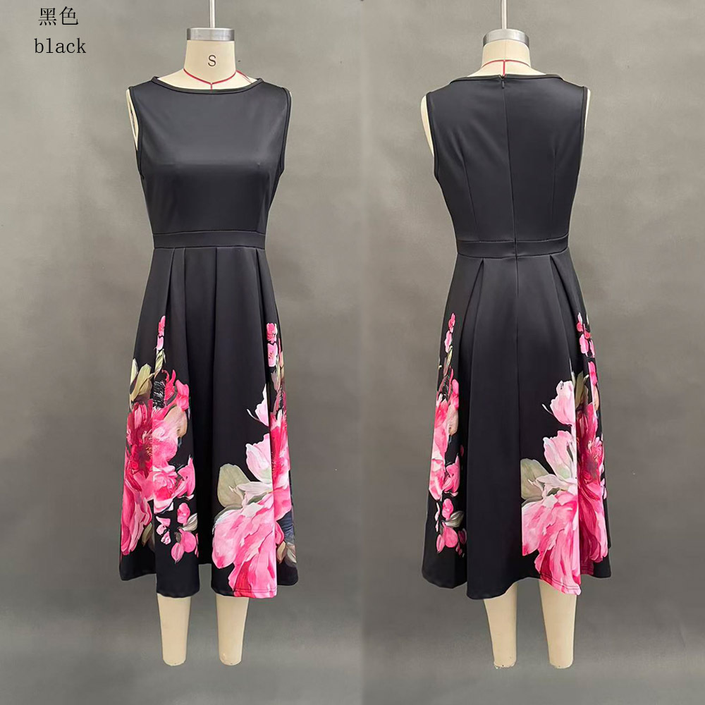 Women's Sleeveless Floral Print A-Line Midi Dress with Cinched Waist
