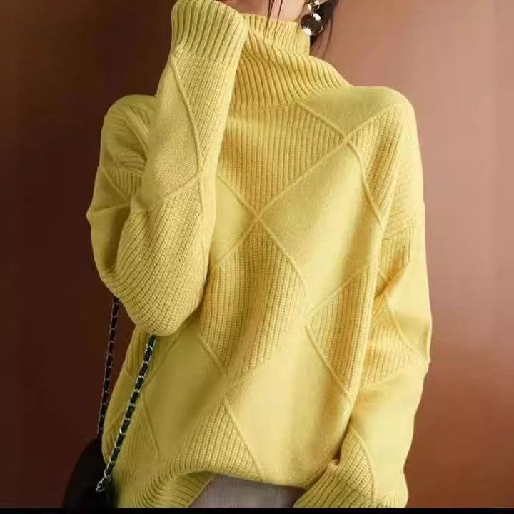 Diamond Quilted High Neck Pullover Sweater