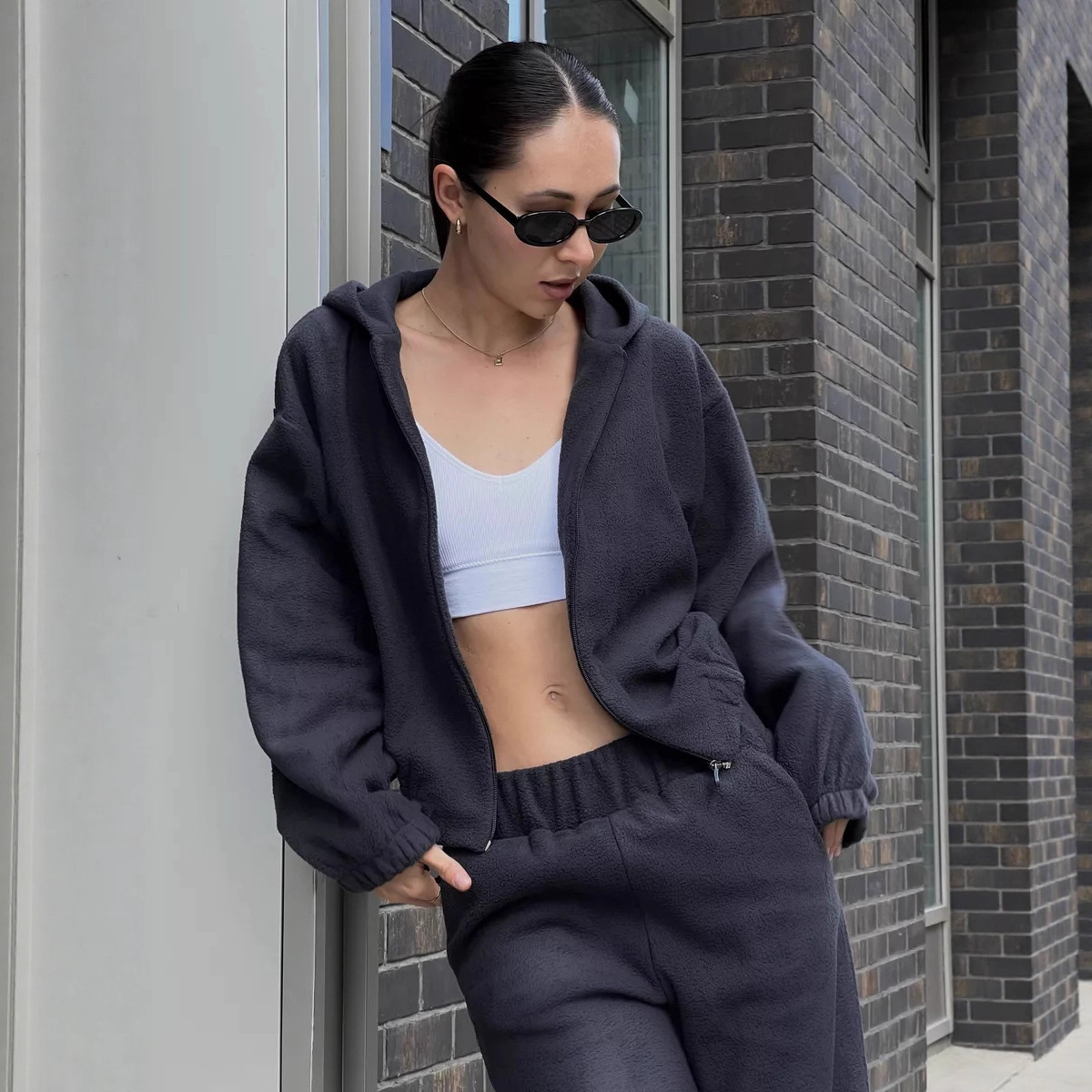 Women's Casual Hooded Zip-Up Tracksuit Set Long Sleeve Solid Color