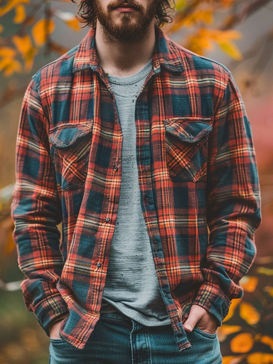 Men's Plaid Print Fleece-Lined Button-Down Shirt with Pockets