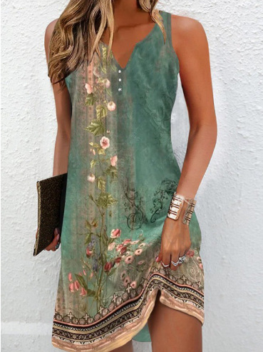 Floral Sleeveless V-Neck A-Line Midi Dress