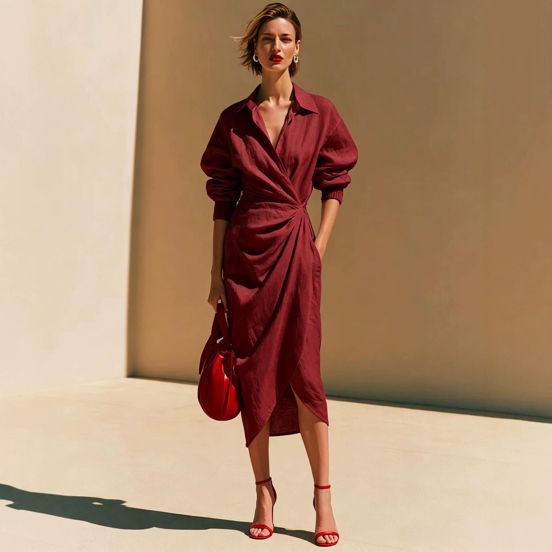 Elegant Solid V-Neck Long Sleeve Wrap Midi Dress with Ruffle Asymmetric Hem