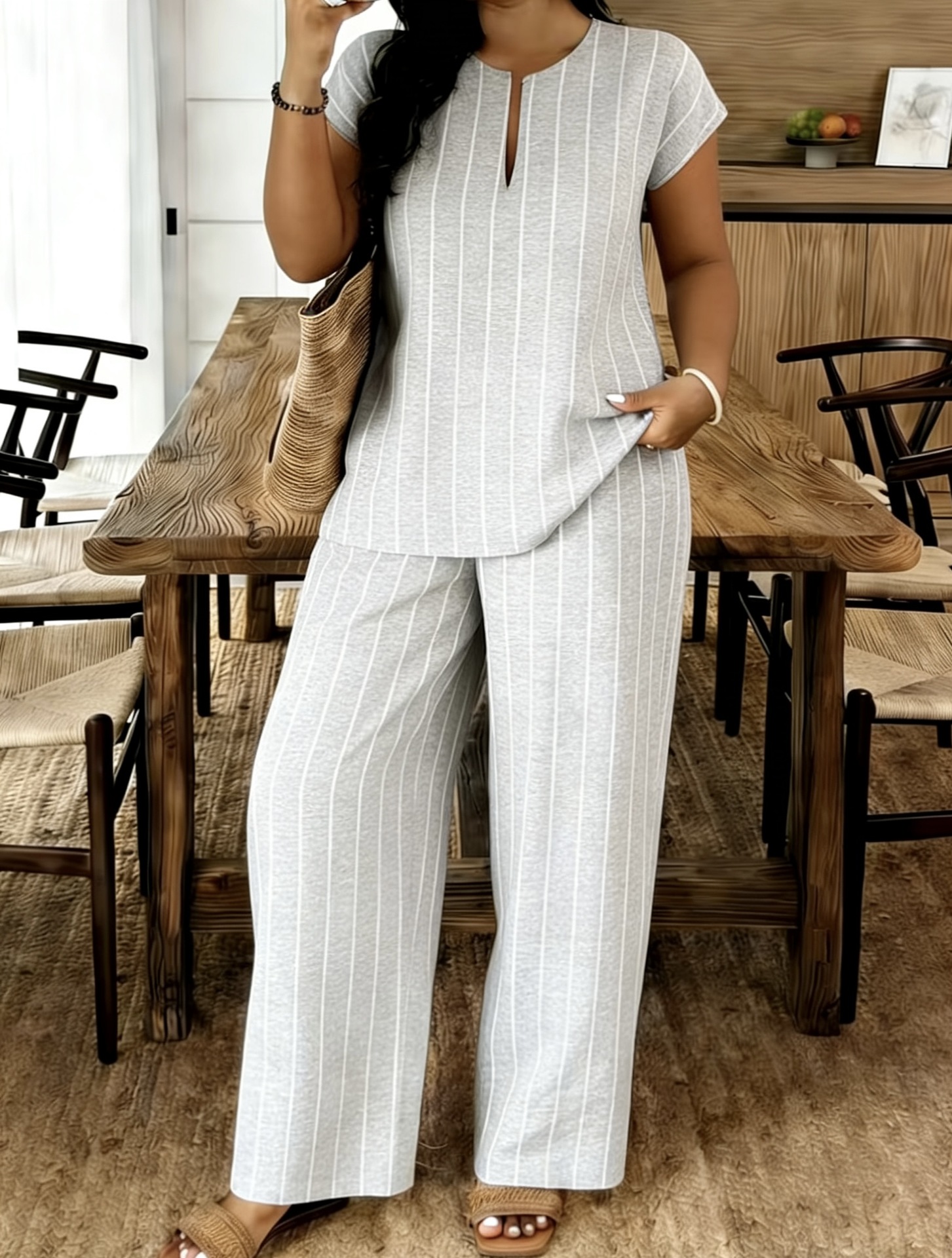 Women's V-Neck Top and Pants Set Casual Striped Two-Piece