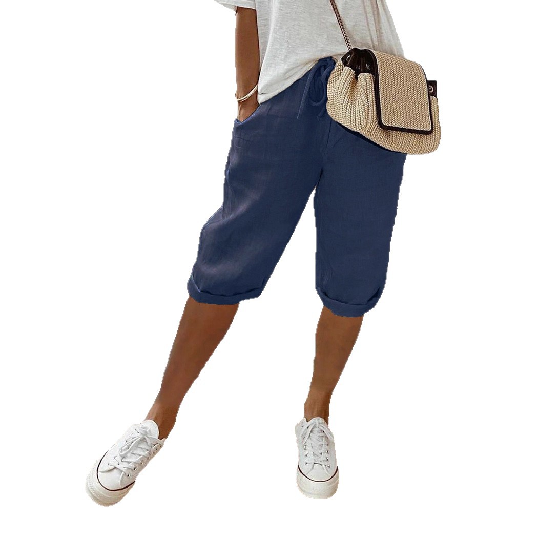 Women's Cotton-Linen Blend Elastic Waist Casual Shorts with Pockets