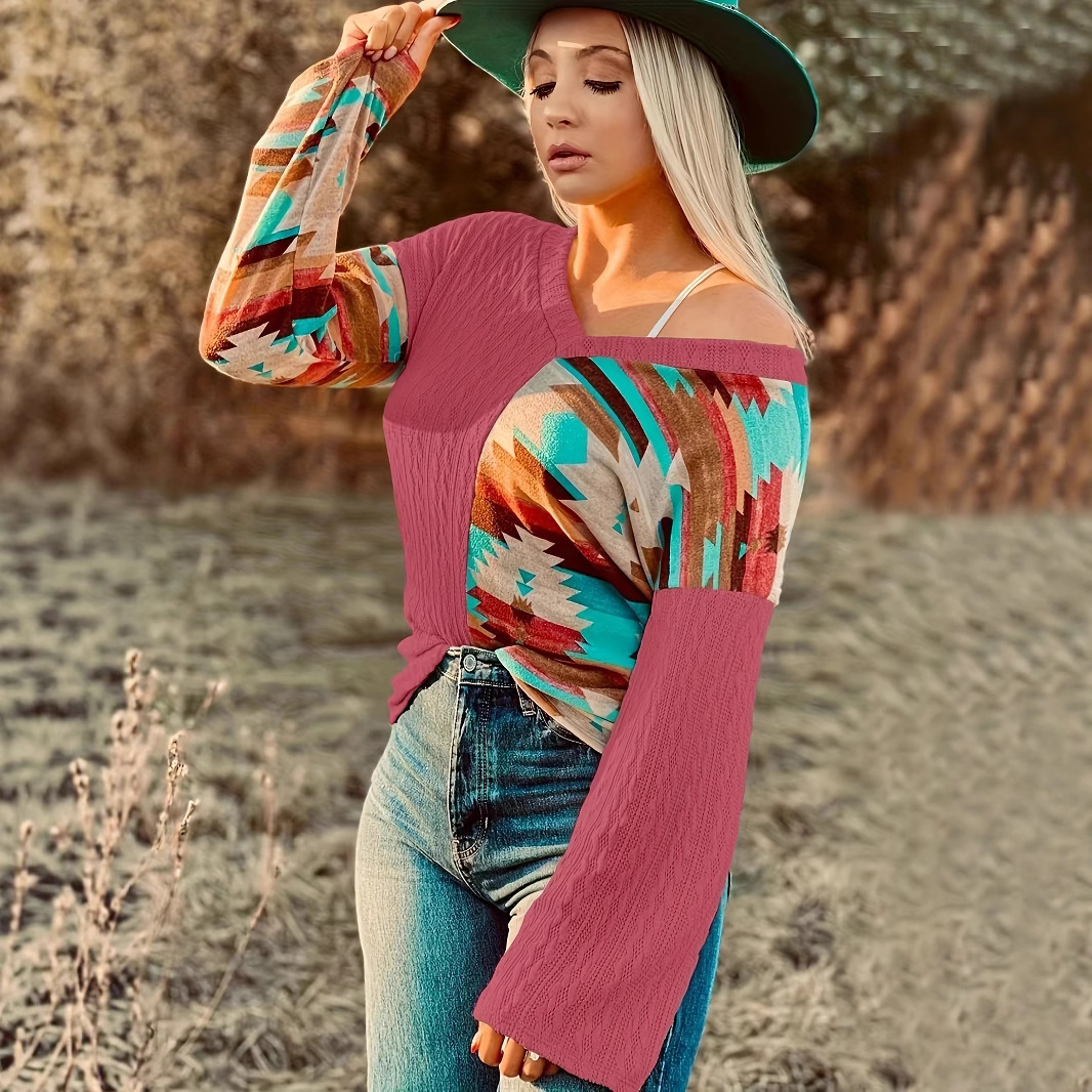 Women's Knit Sweatshirt Colorblock Print Long-Sleeve Pullover
