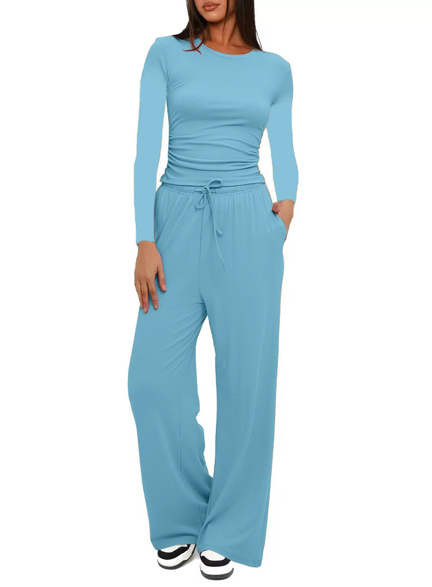 Solid Color Long Sleeve Top & High-Waist Wide-Leg Pants Set
