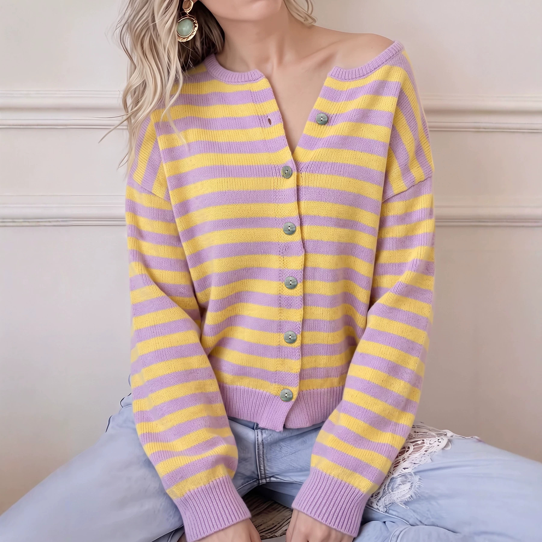 Striped Color-Block Knit Cardigan with Zip and Buttons