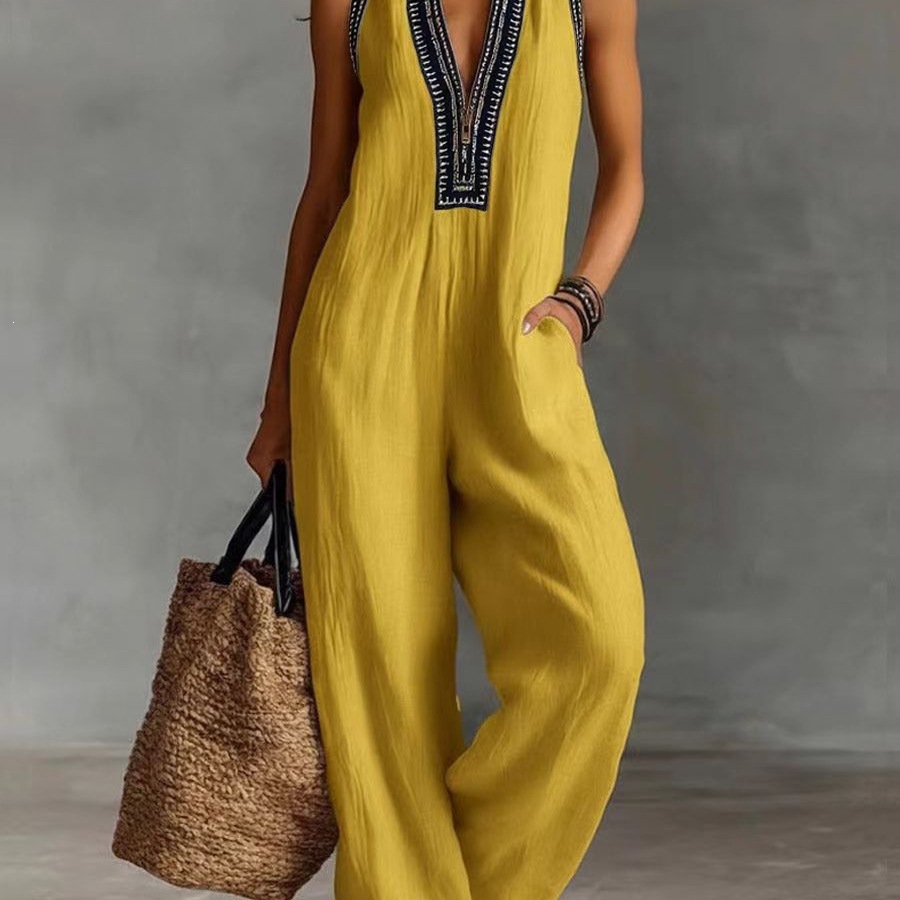Women's Sleeveless Linen-Blend Wide-Leg Jumpsuit with Zip and Stand Collar