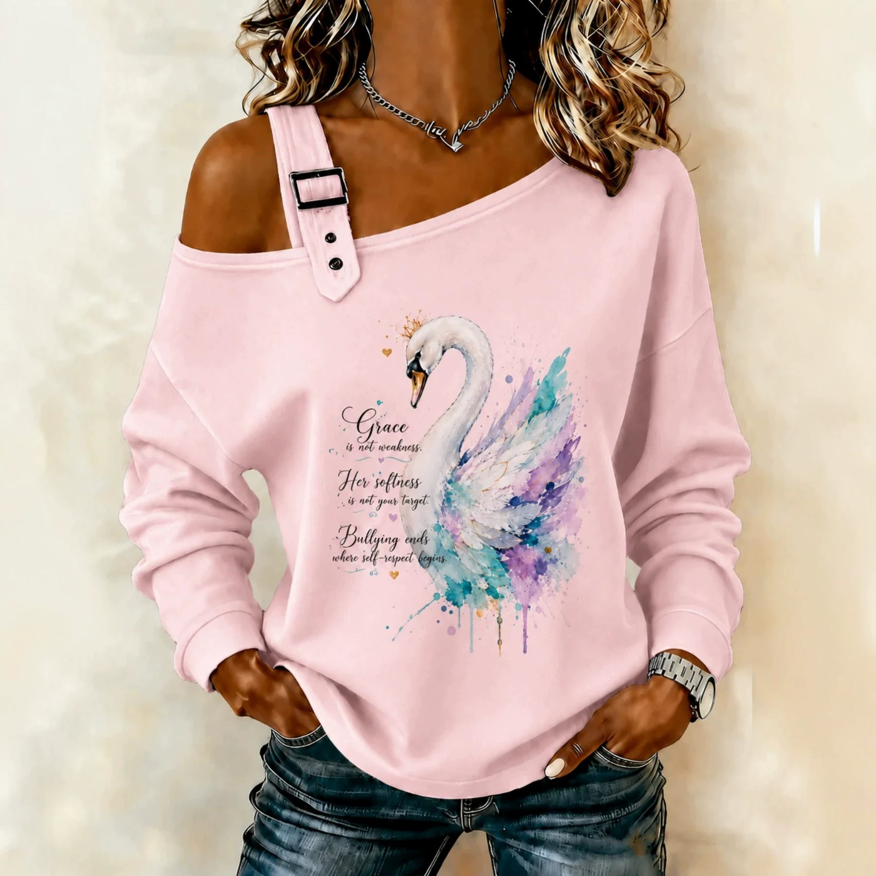 Swan Hummingbird Floral Print Crewneck Long Sleeve Pullover Sweatshirt