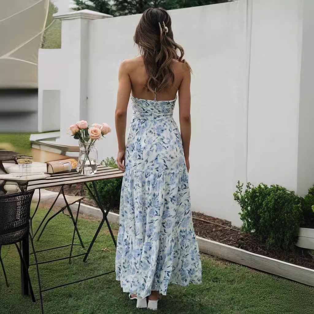 Women's Off-Shoulder Halter V-Neck Sleeveless Long Dress with Floral Print