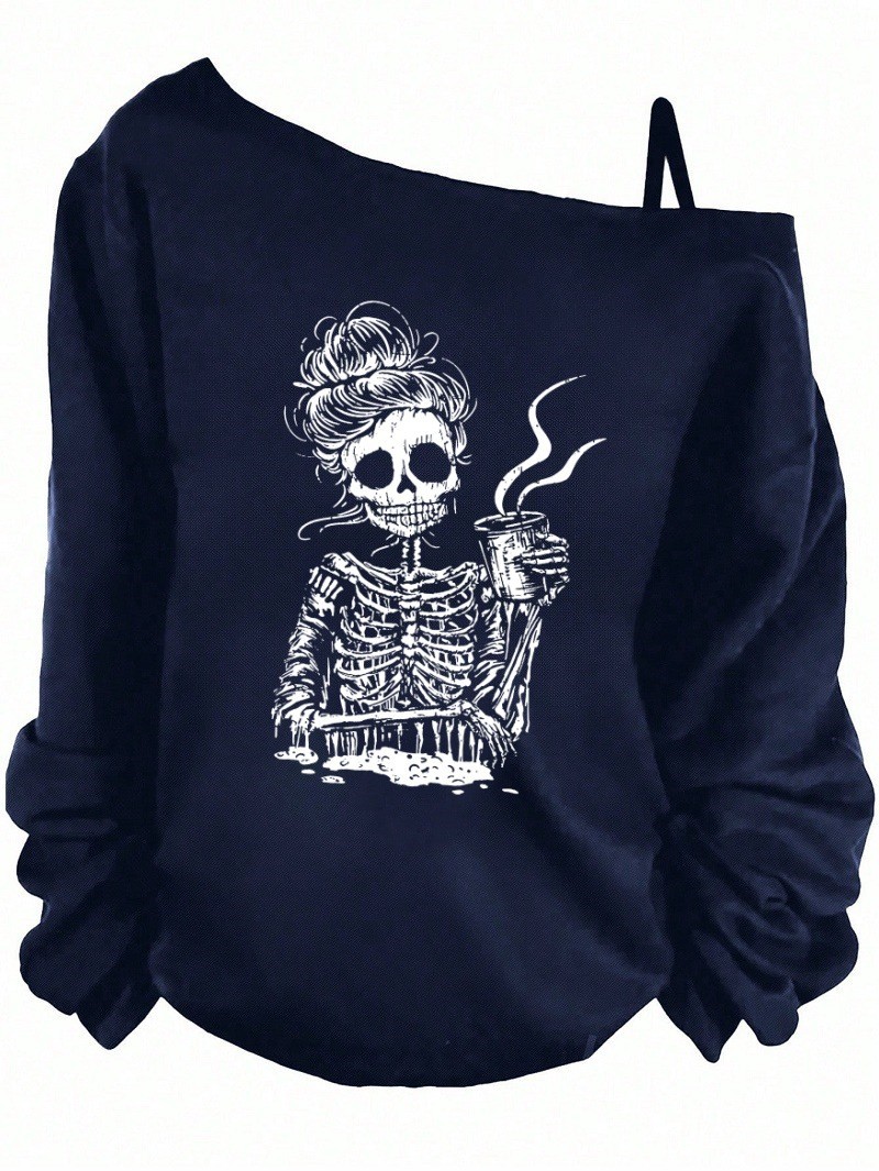Women's One-Shoulder Long-Sleeve Loose Vintage Sweatshirt with Graphic Print