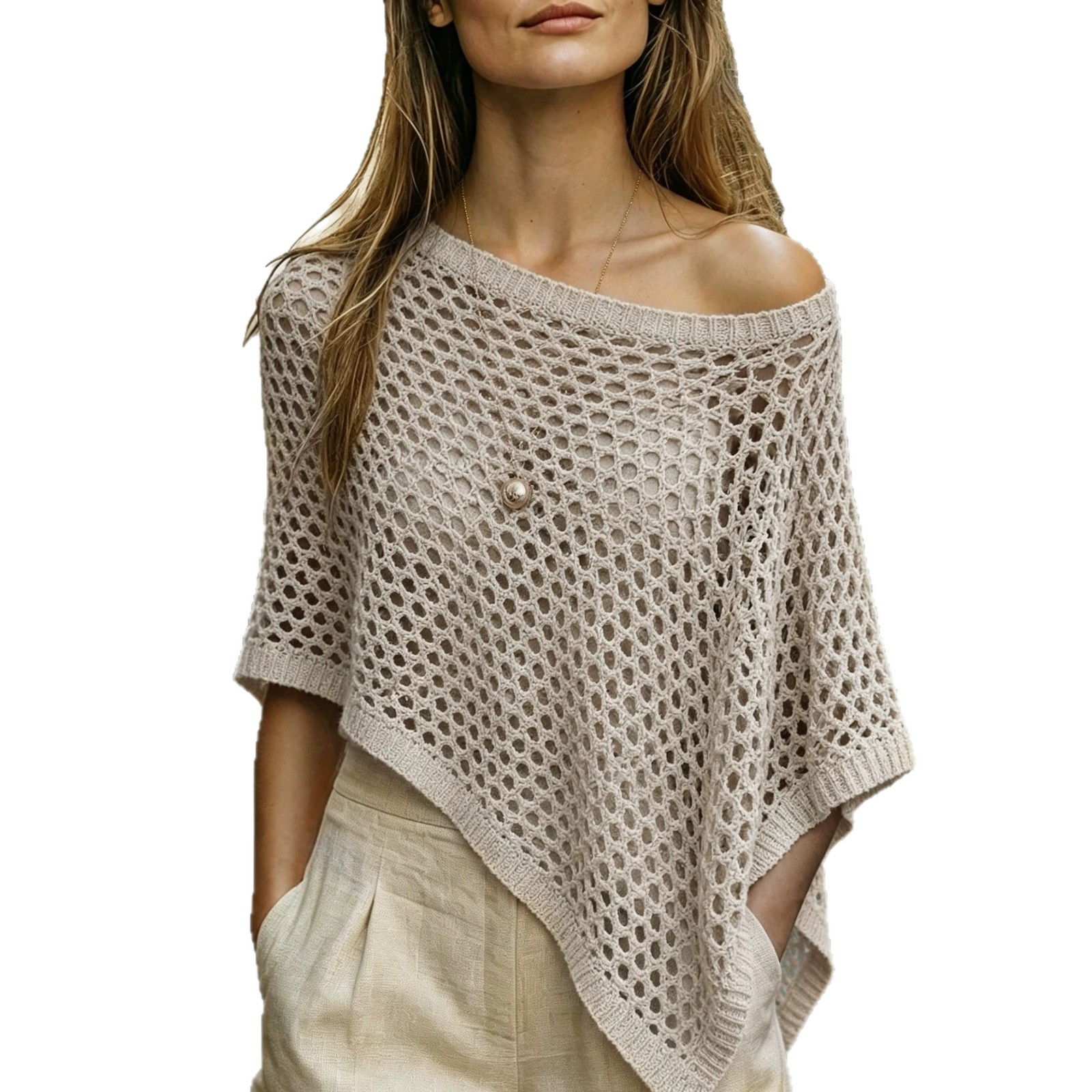 Off-Shoulder Open-Knit Mesh Poncho Sweater