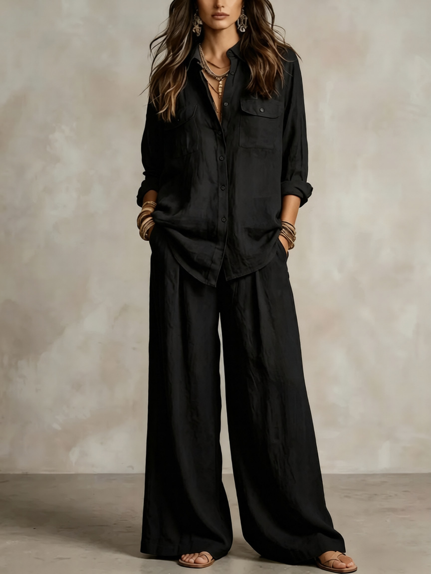 Women's Lightweight Long Sleeve Shirt and Wide-Leg Pants Set