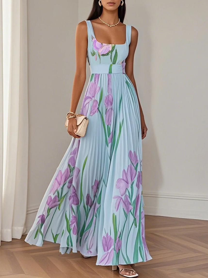 Women's Sleeveless Floral Midi Dress Digital Print Pleated A-Line