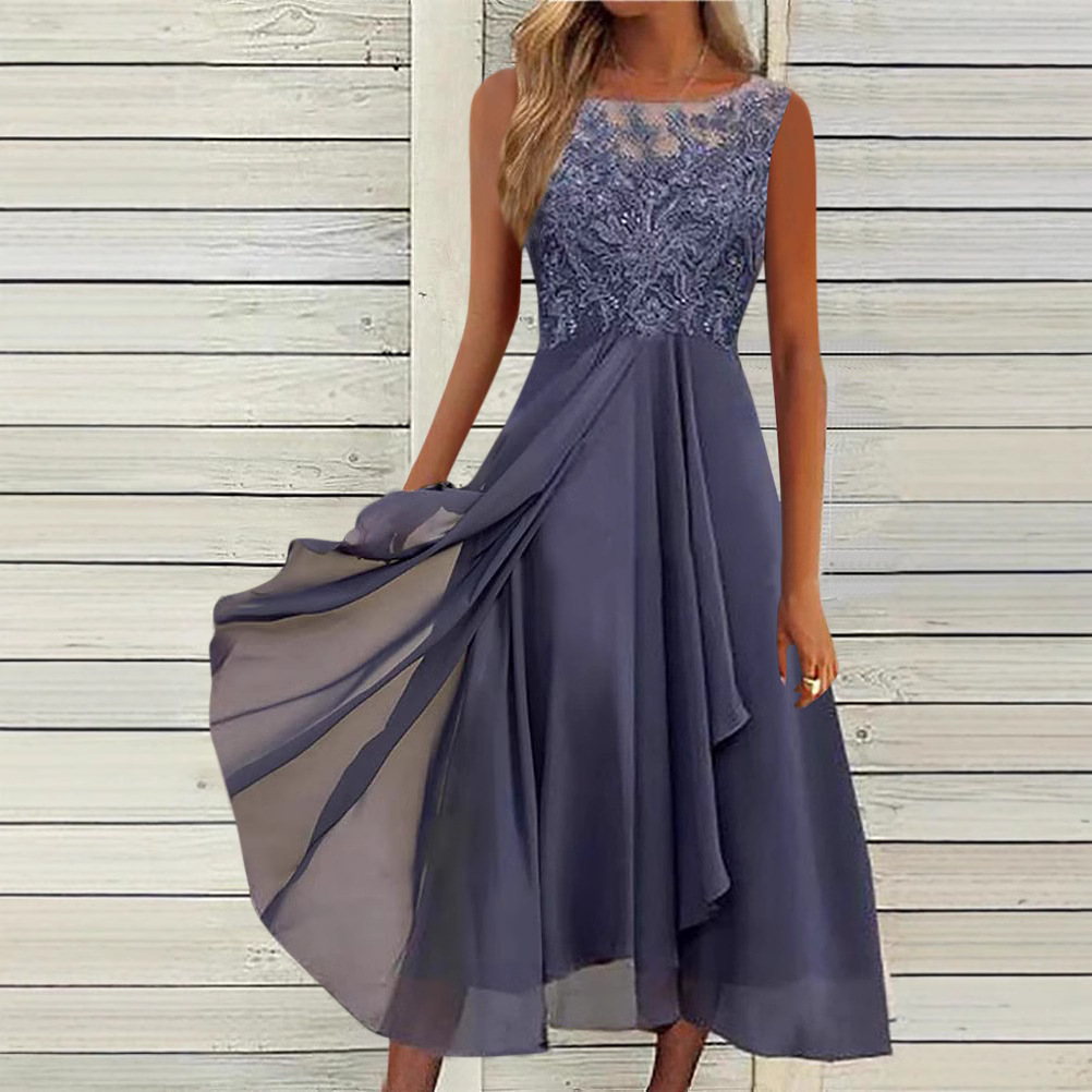 Sweet Lace Hollow Sleeveless Midi Chiffon Dress Bridesmaid