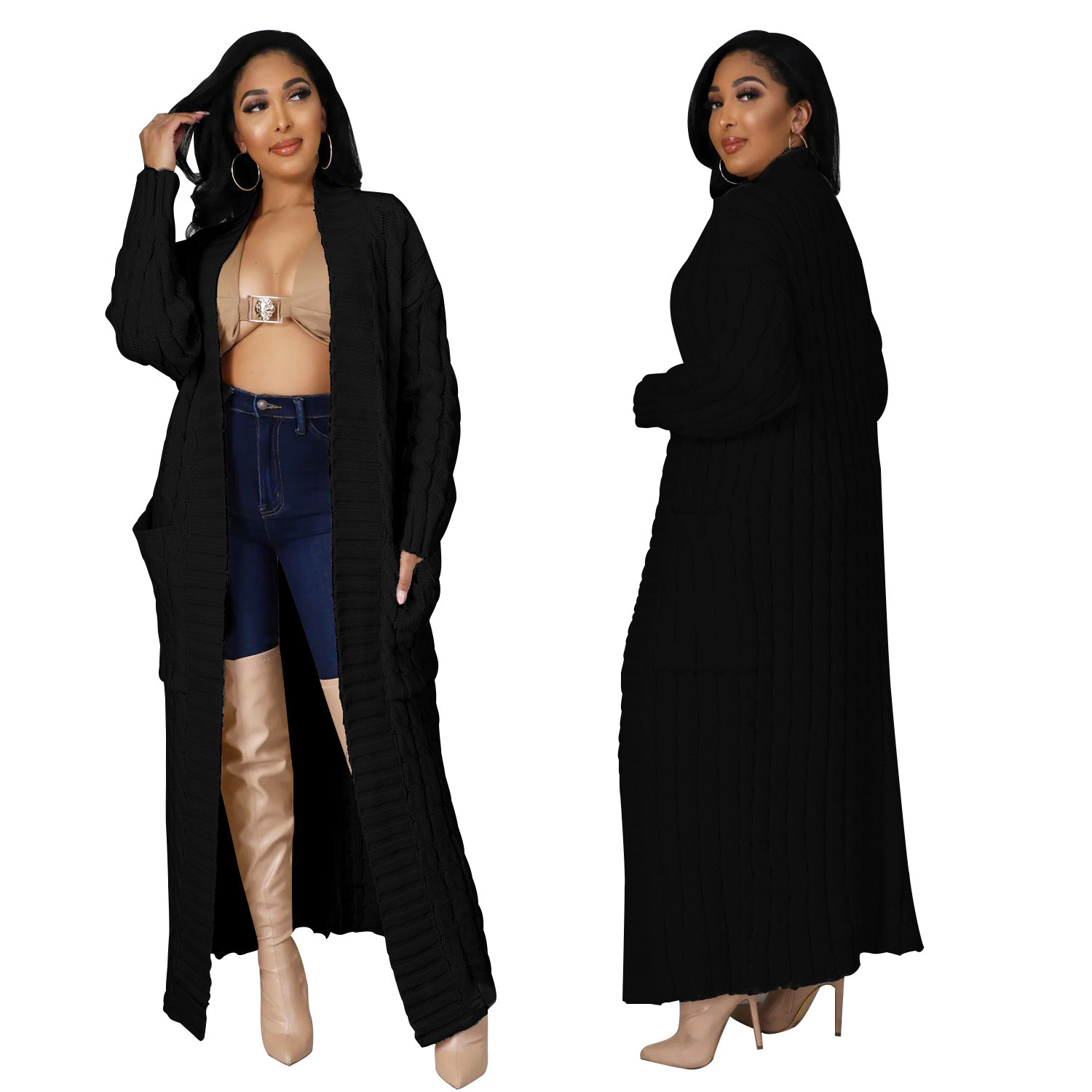 Cable-Knit Open-Front Long Cardigan with Pockets