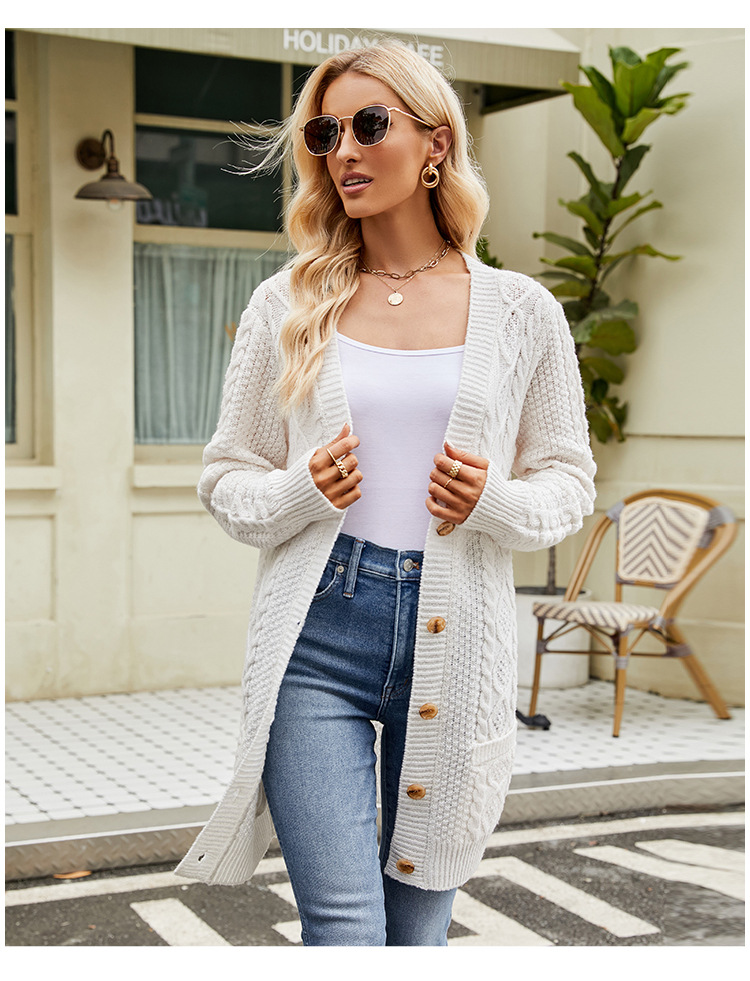 Women's Long Cable-Knit V-Neck Cardigan Sweater Coat