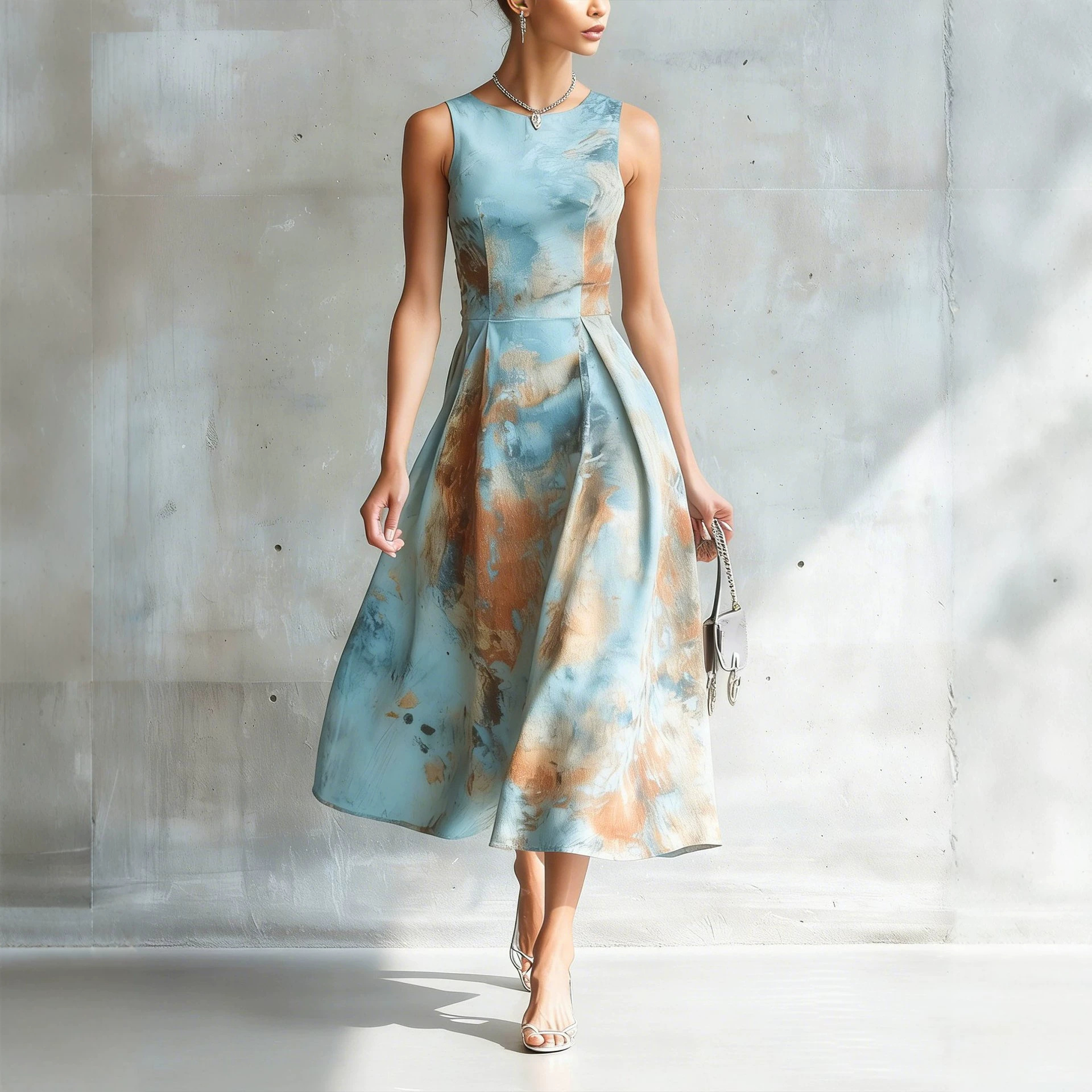 Floral Print Sleeveless Midi Dress Round Neck A-Line