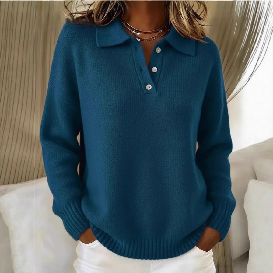 Women's Loose Soft Polo Collar Button Sweater Long Sleeve