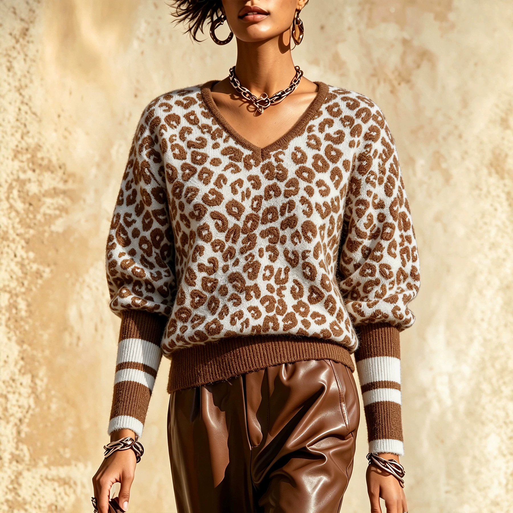 Women's Leopard Jacquard Knit Sweater V-Neck Striped Sleeve Cuffs