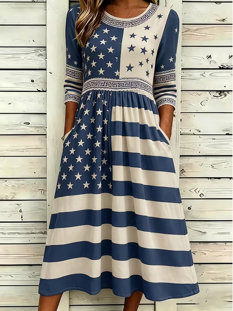 Women's Colorblock Plaid Star Print Ruched Midi Dress