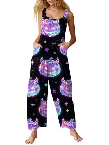 Women's Halloween Pumpkin Cat Print Sleeveless Jumpsuit Casual