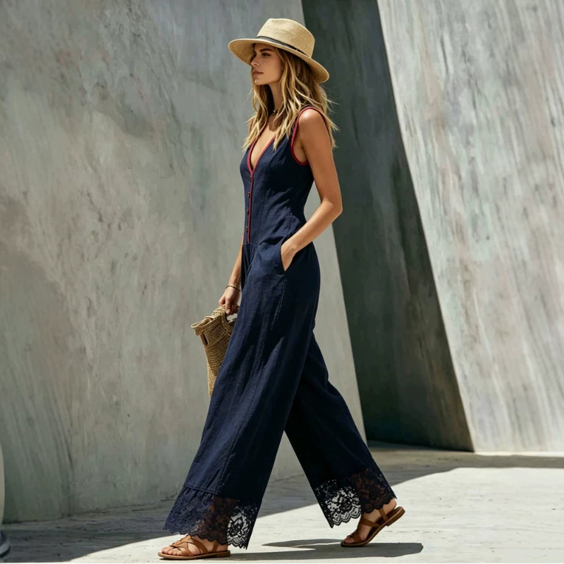 Color-Block Cotton-Linen Patchwork V-Neck Sleeveless Jumpsuit