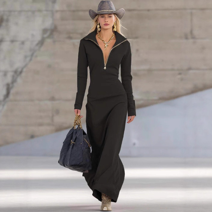 Elegant Vintage V-Neck Front Zip Long Sleeve Pink Maxi Dress