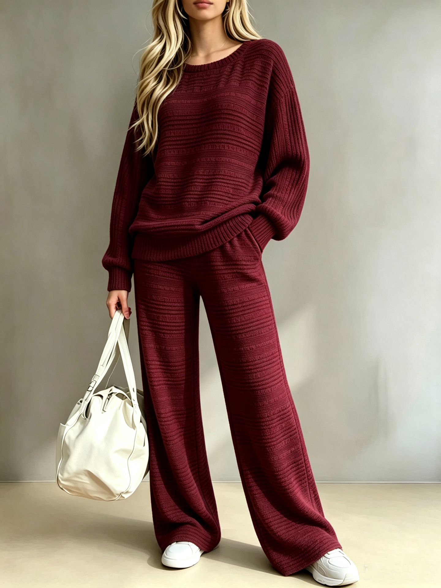 Ribbed Knit Two-Piece Set Long Sleeve Top & Wide-Leg Pants