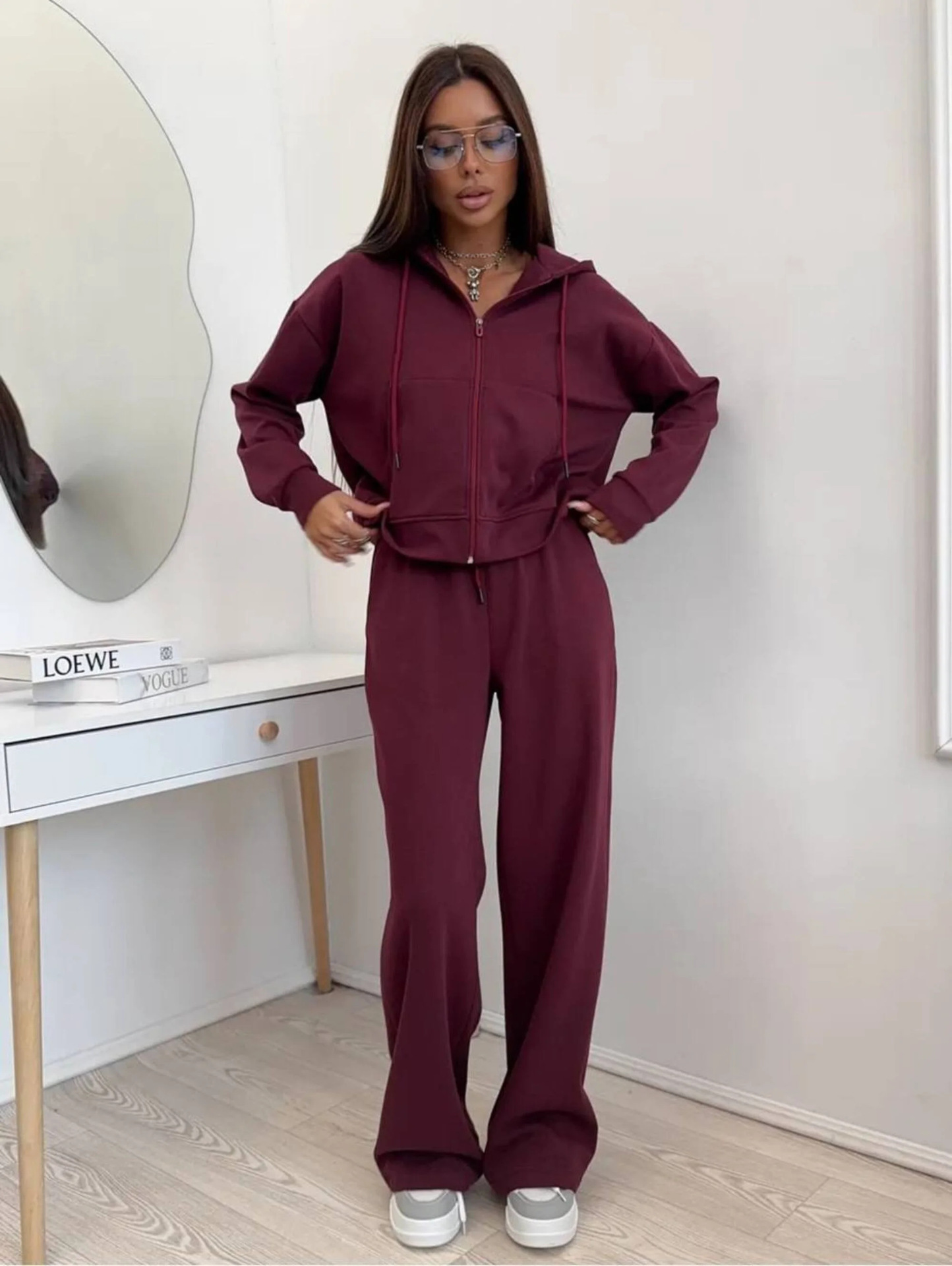 Cotton Blend Long Sleeve Zip Hoodie and Drawstring Pants Two-Piece Set