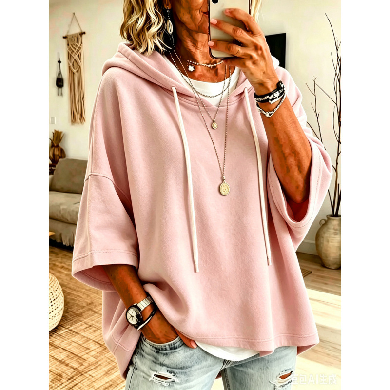Women's Solid Color Hooded Pullover Sweatshirt with Three-Quarter Sleeves