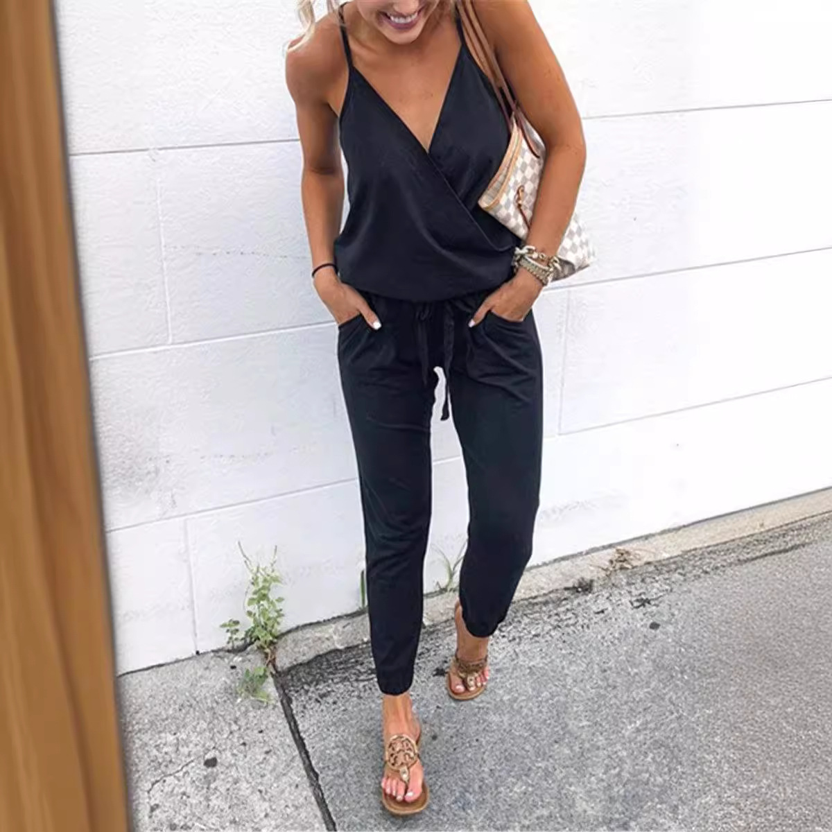 Women's Casual Tie-Front Open-Back Cami Jumpsuit with Pockets