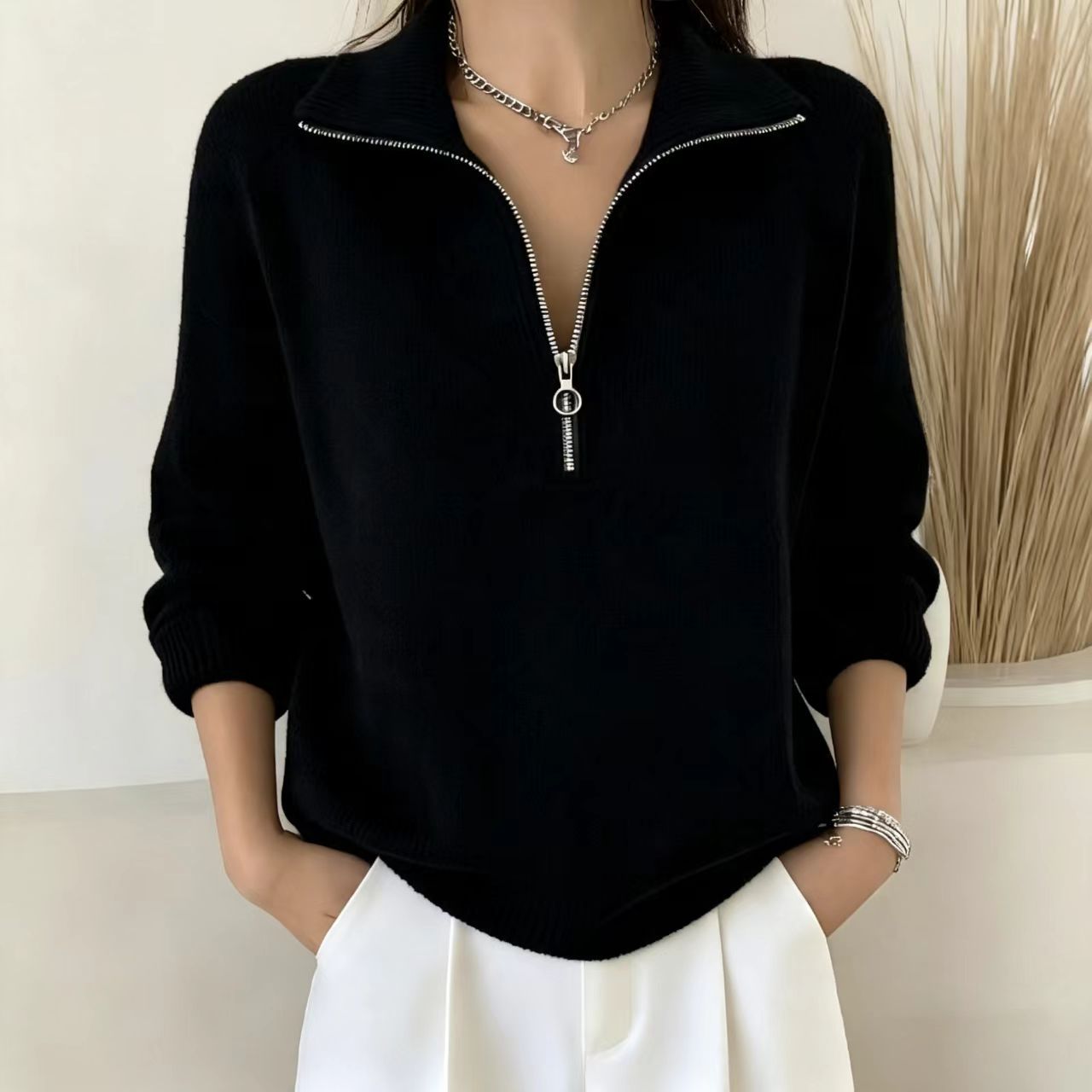 Loose Fit Long Sleeve Half-Zip Solid Knit Sweater