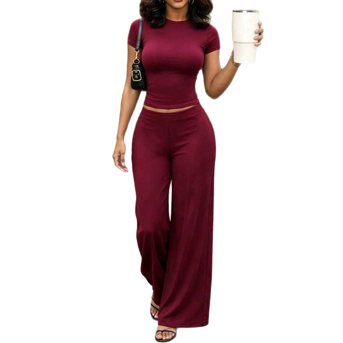 Women's Solid Color Crop Top and Flared Pants Set