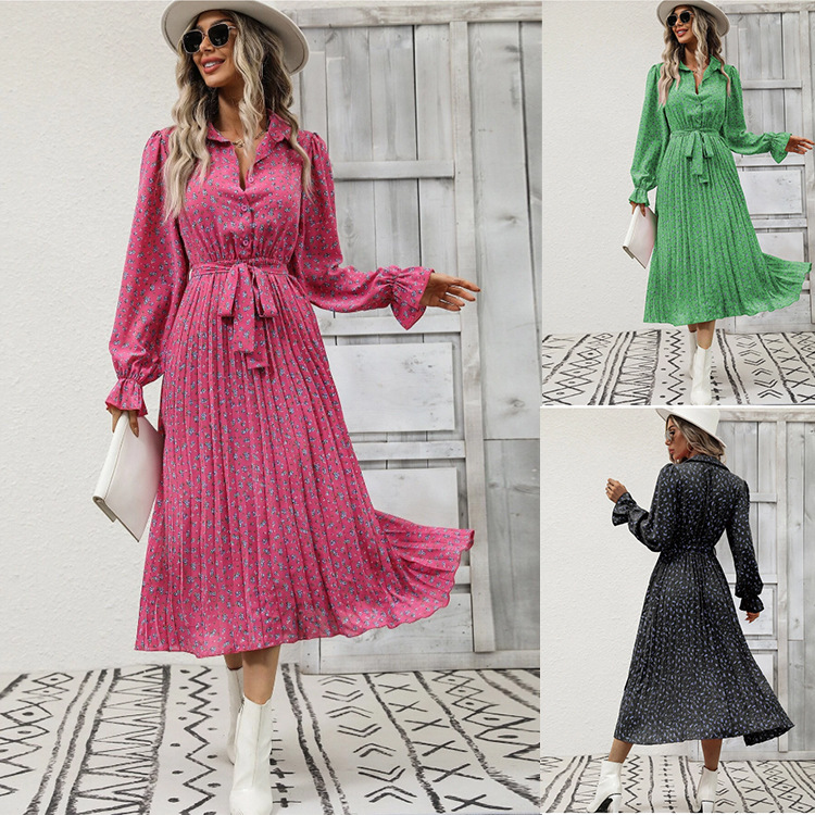 Women's Pleated Long Sleeve Tie-Waist Maxi Dress