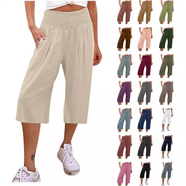 Women's Summer Smocked Wide-Leg Capri Pants Casual Loose Fit