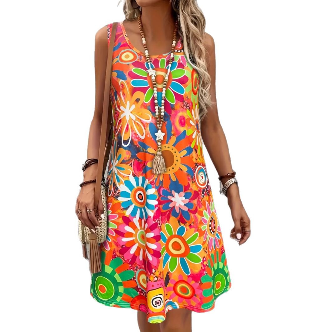 Women's Floral Print V-Neck Short Sleeve Casual Midi Dress