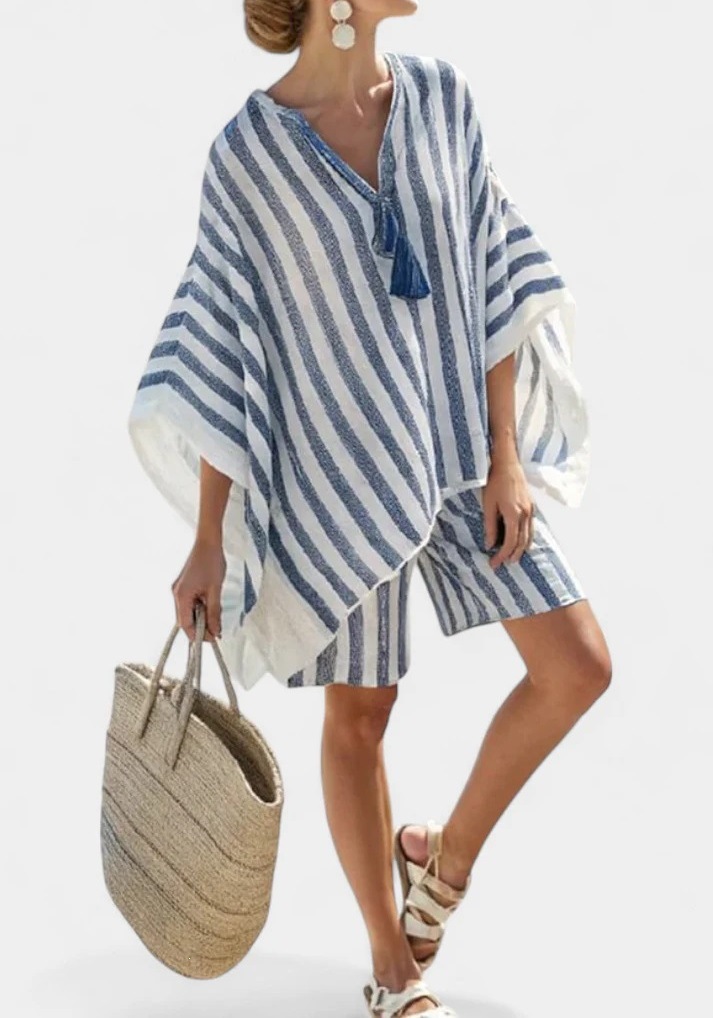 Printed V-Neck T-Shirt and Shorts Set with Faux Linen Look, Relaxed Fit