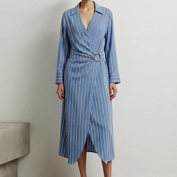 Striped Tie-Waist Long-Sleeve Midi Shirt Dress