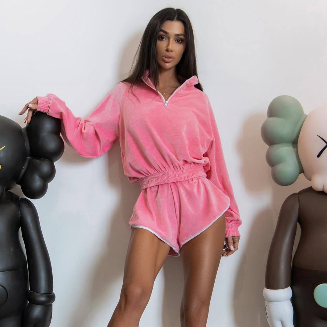 Velvet Half-Zip Tracksuit Set Y2K Solid Long-Sleeve Stand Collar Hoodie & Shorts 2-Piece