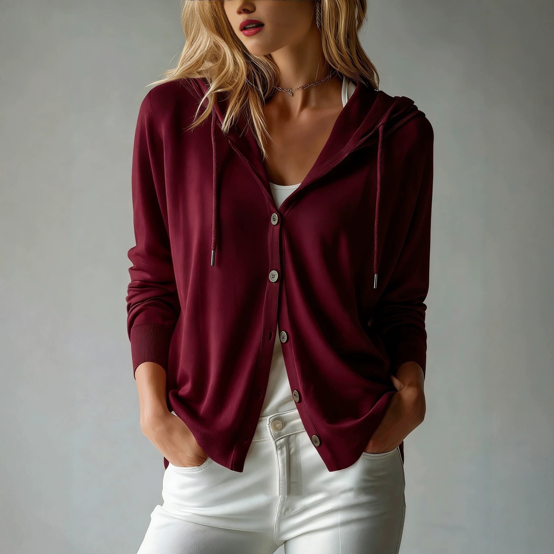 Women's Hooded Knit Cardigan Sweater Solid Color Long Sleeve Loose Fit
