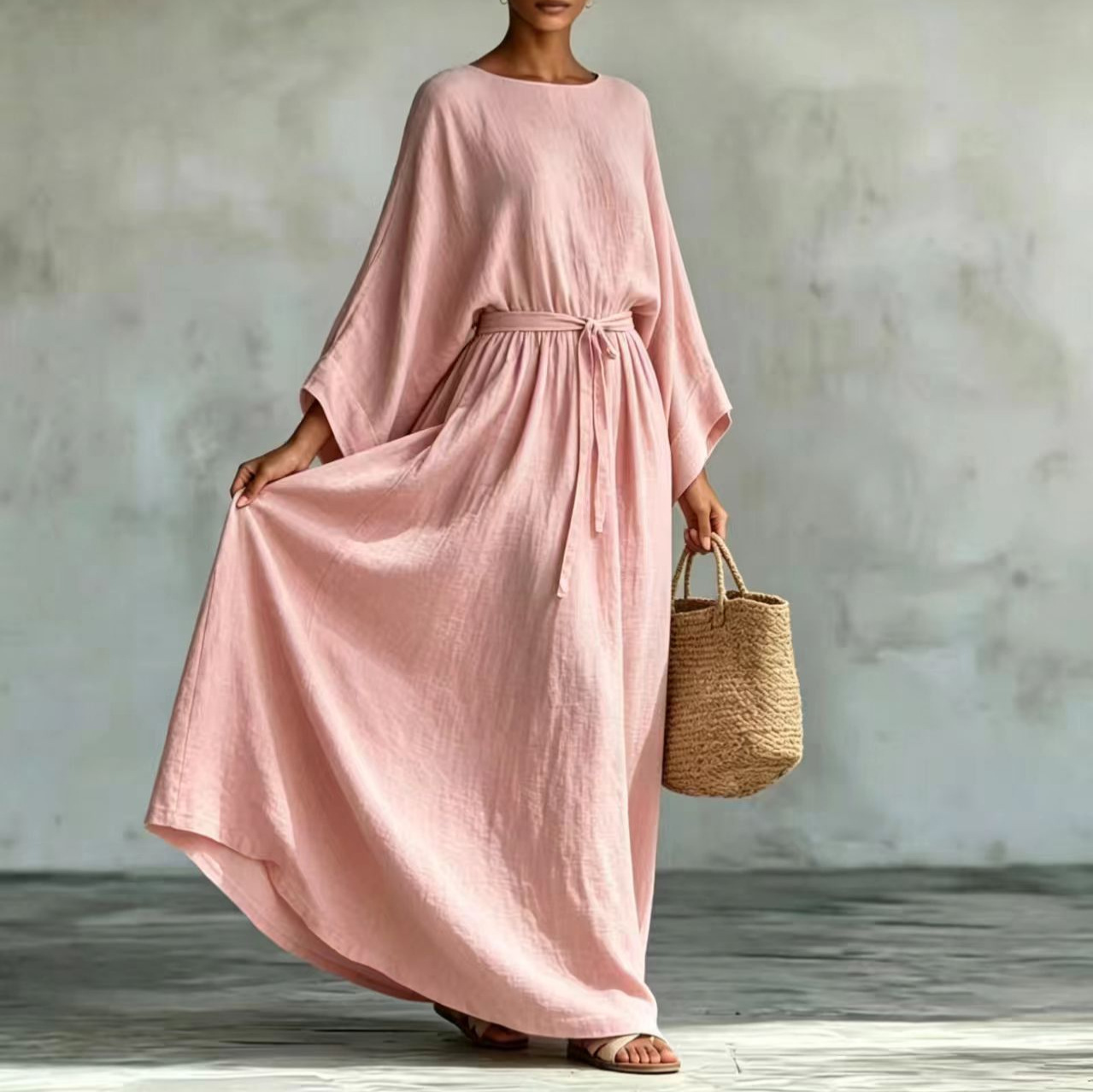 Lazy Style Cotton-Linen Tie-Waist Wide-Sleeve Maxi Dress