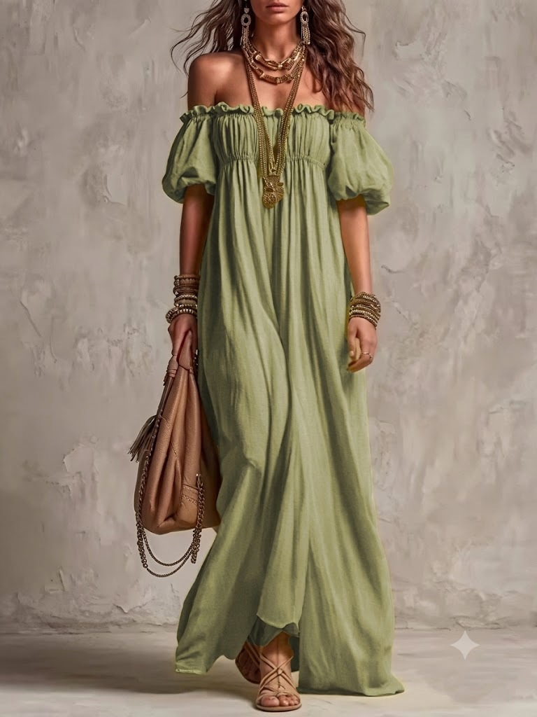 Off-Shoulder Puff Sleeve Long Dress Casual Loose Beach Vacation