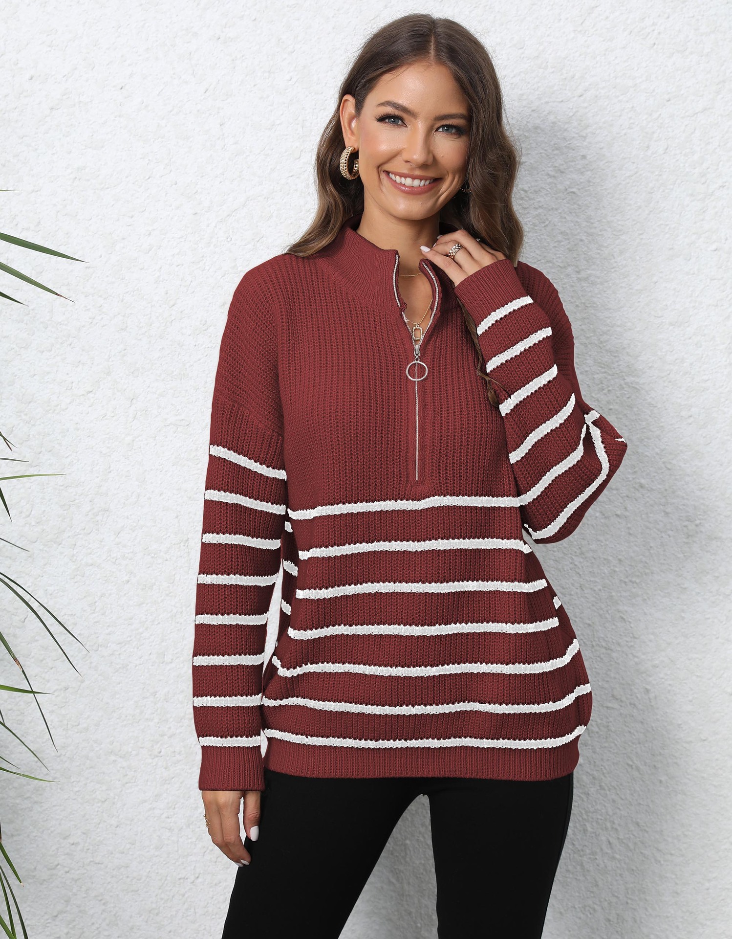 Women's Striped Half-Zip Turtleneck Pullover Sweater