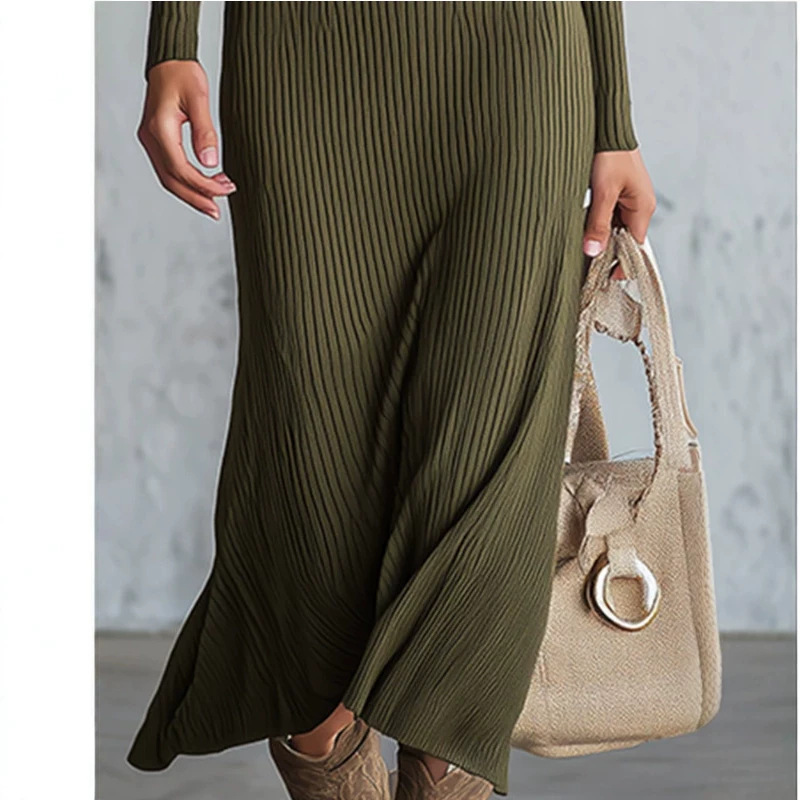 Retro Olive Green Square Neck Long Dress