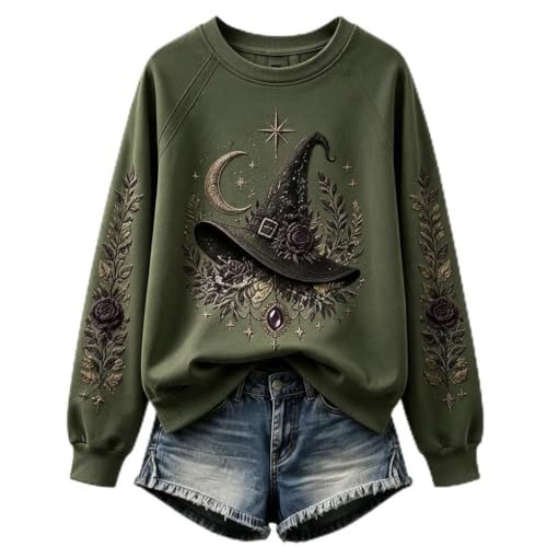 Halloween Witch Hat Print Crewneck Long-Sleeve Pullover Sweatshirt