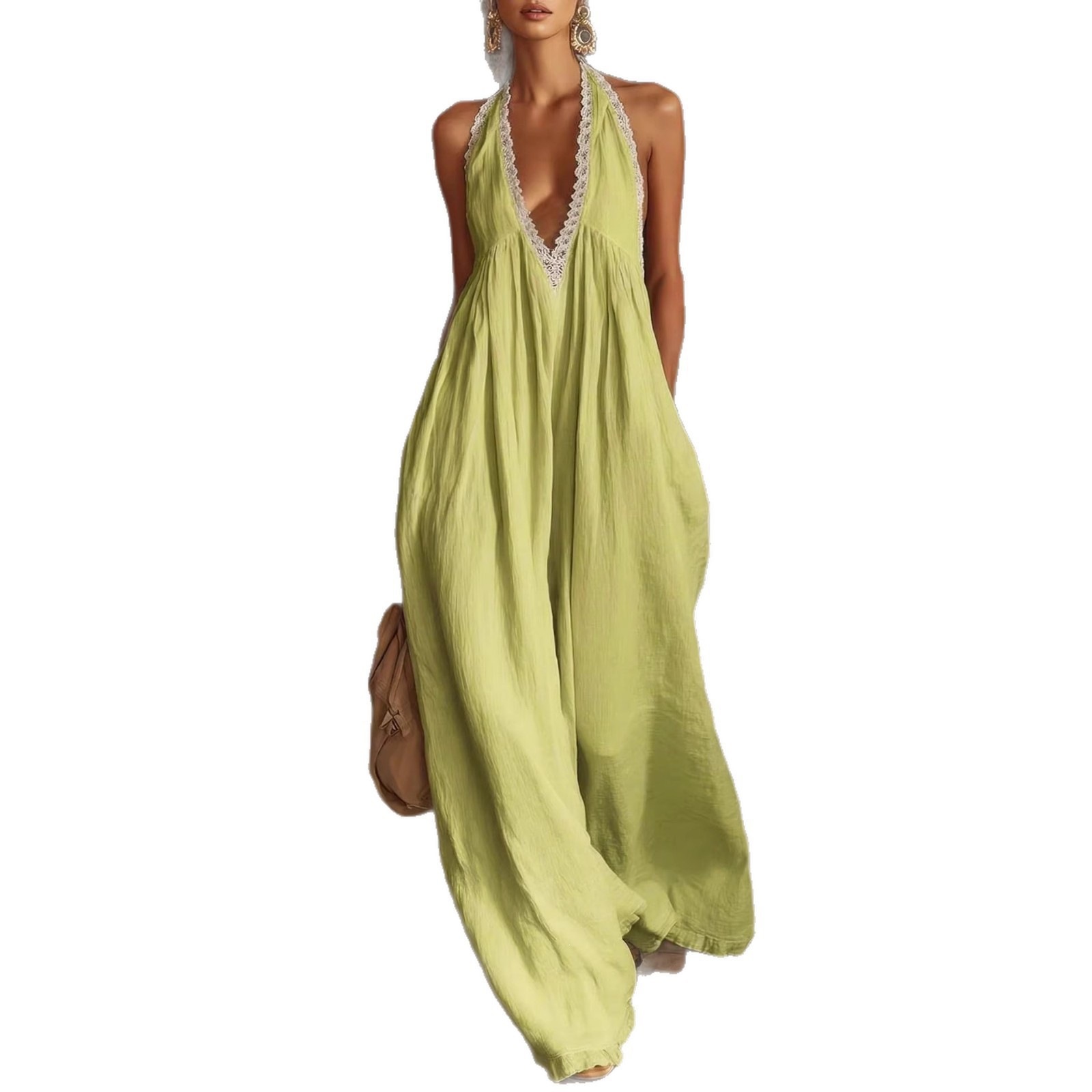 Women's Halter Deep V Lace Panel Loose Linen Jumpsuit