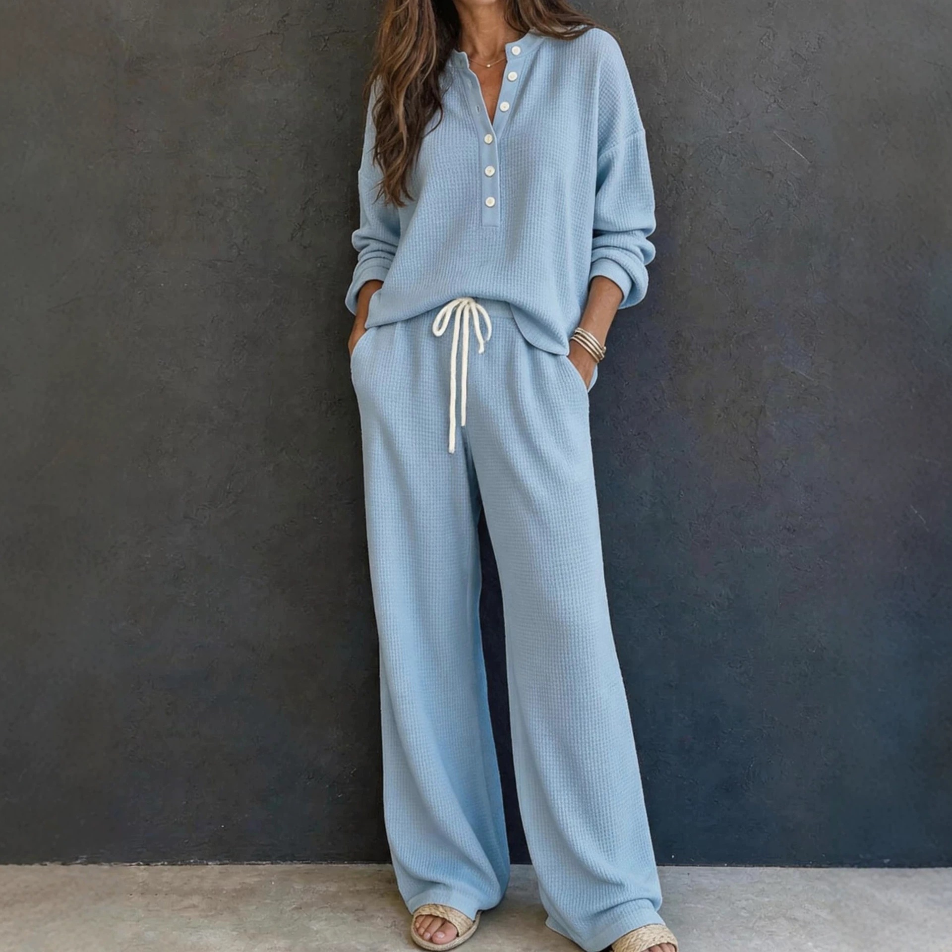 Women's Retro Waffle Knit Long Sleeve Top and Pants Set