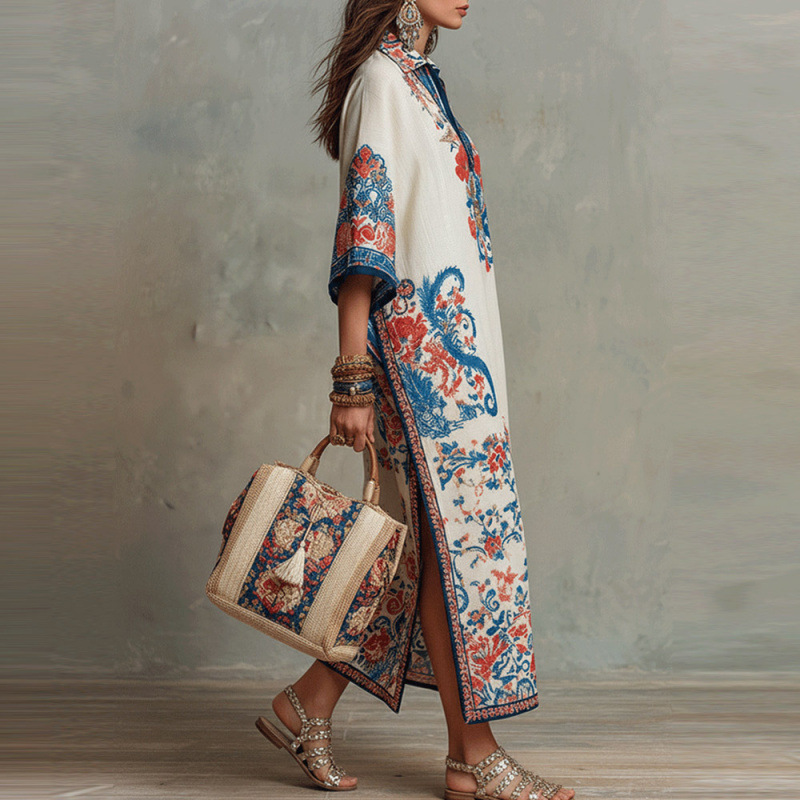 Floral Print V-Neck Kaftan Maxi Dress with Slit and Flared Hem