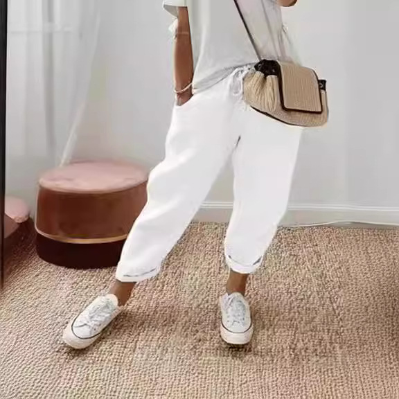 Women's Cotton-Linen Elastic Waist Cropped Pants Casual